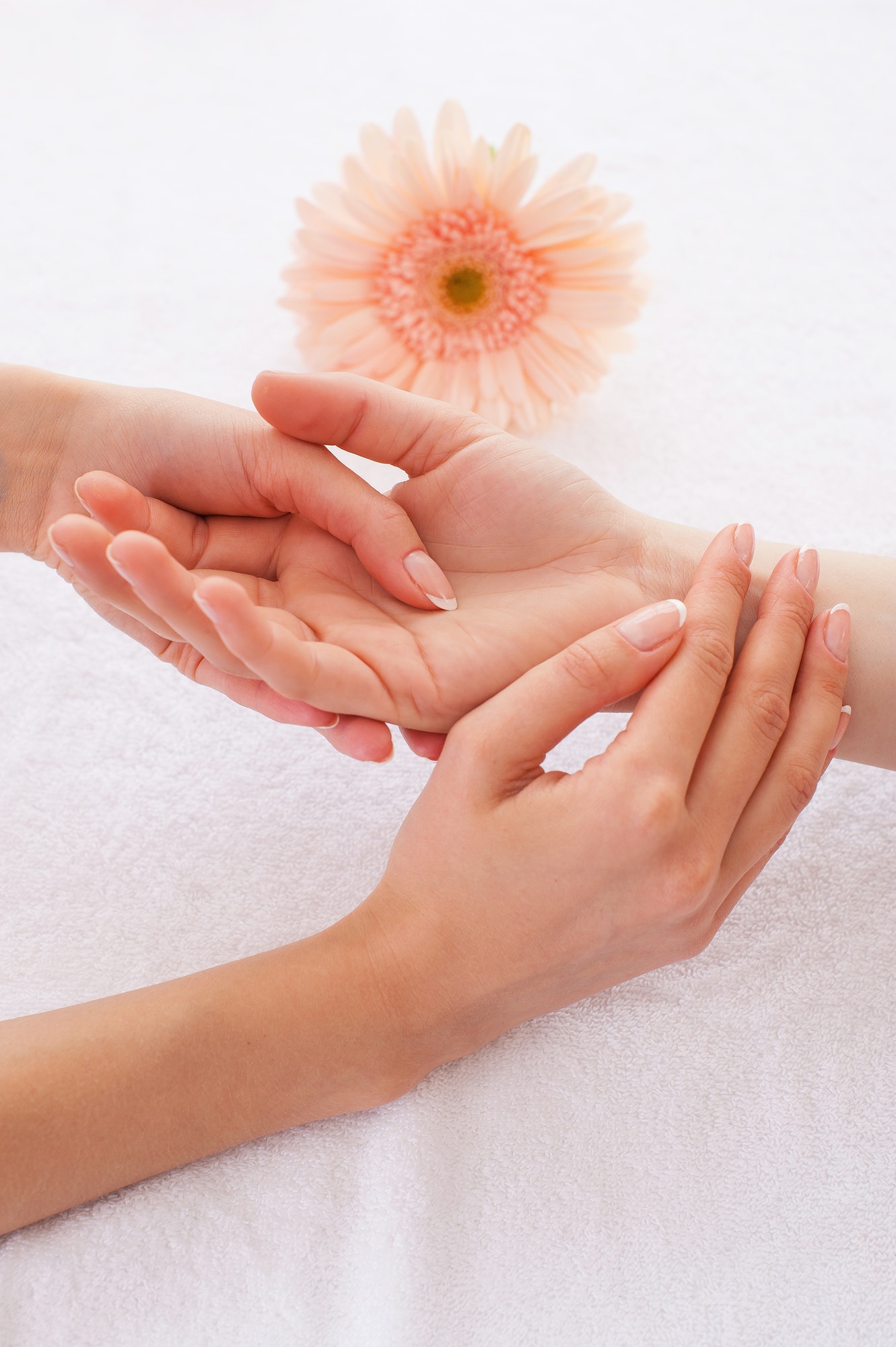 Shiatsu. Close-up of massage therapist massaging hand of female customer
